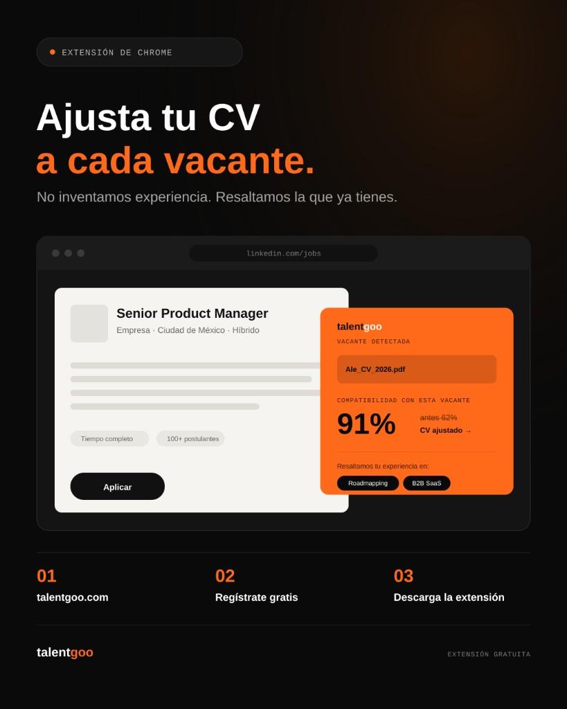Extensión Talentgoo detectando una vacante en LinkedIn y mostrando 91% de compatibilidad